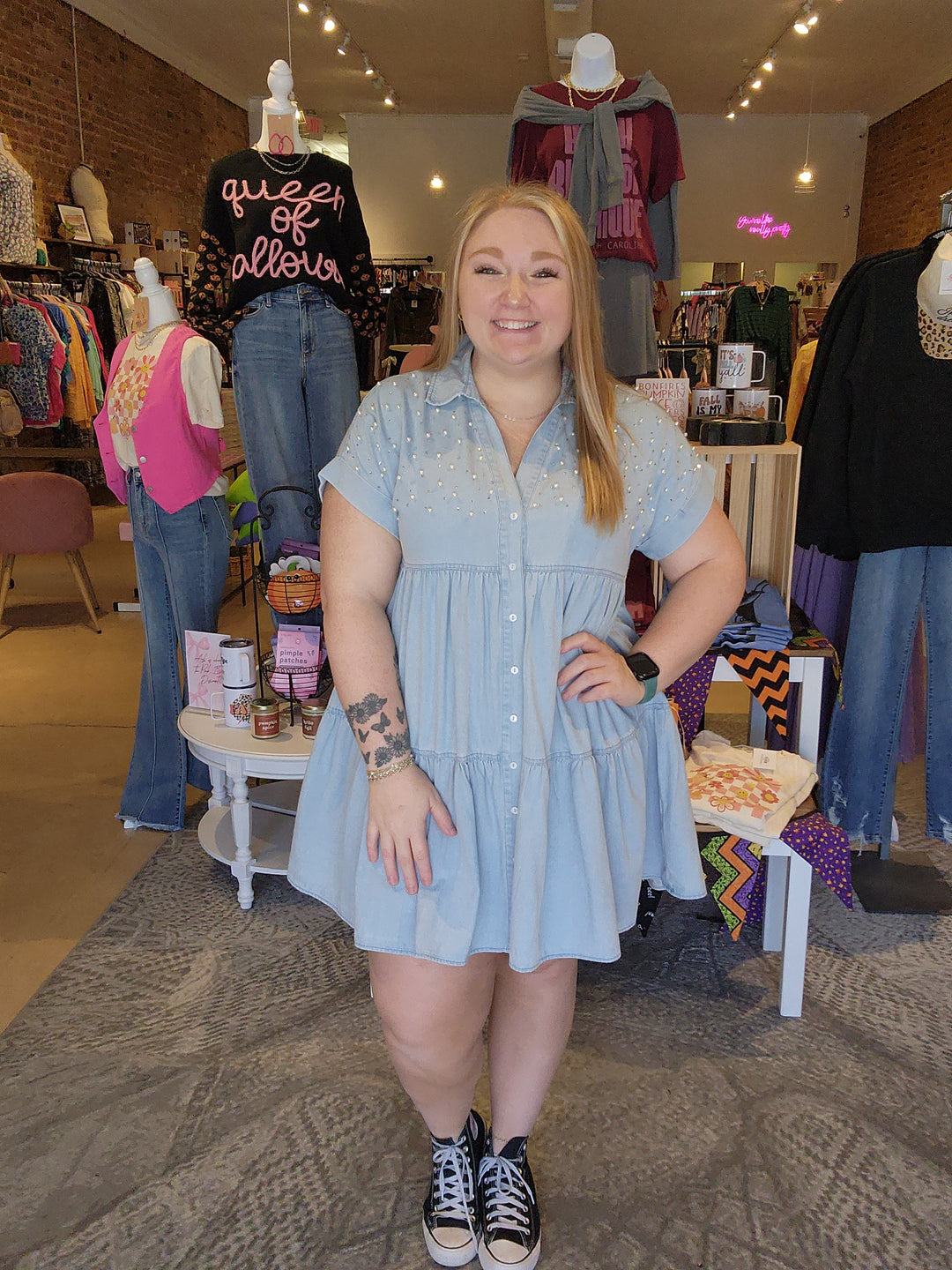 Pearl Embellished Denim Dress