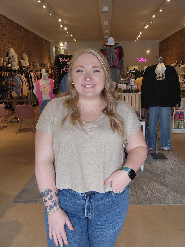 Beige Plush V-Neck Crop Tee