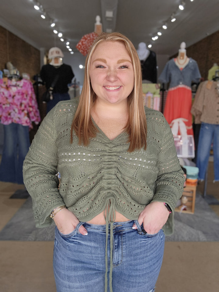 Pointelle Knit Ruched Front Sweater