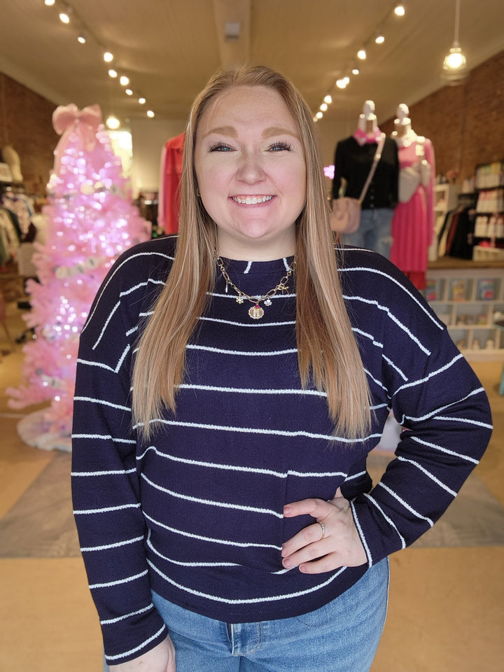 Open Weave Stripe Crew Neck