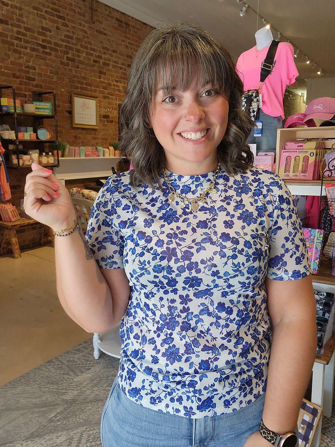 Royal Blue Floral Mesh Top