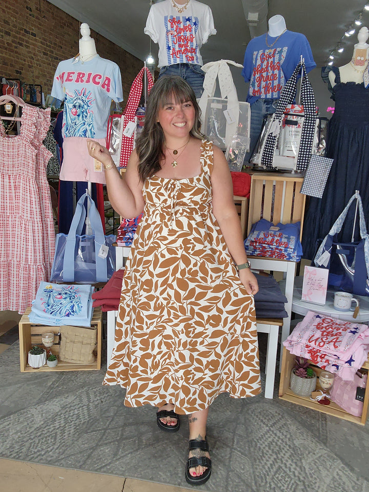 Leaf Print Ruffle Strap Midi Dress