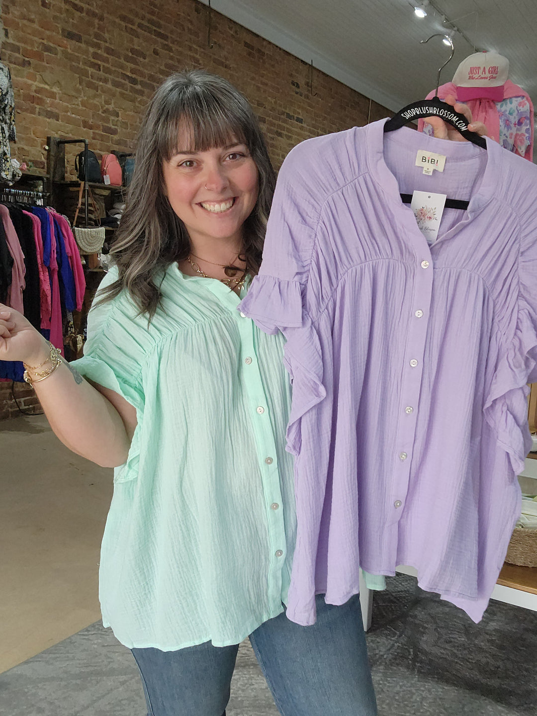 Gauze Shirred Button Top
