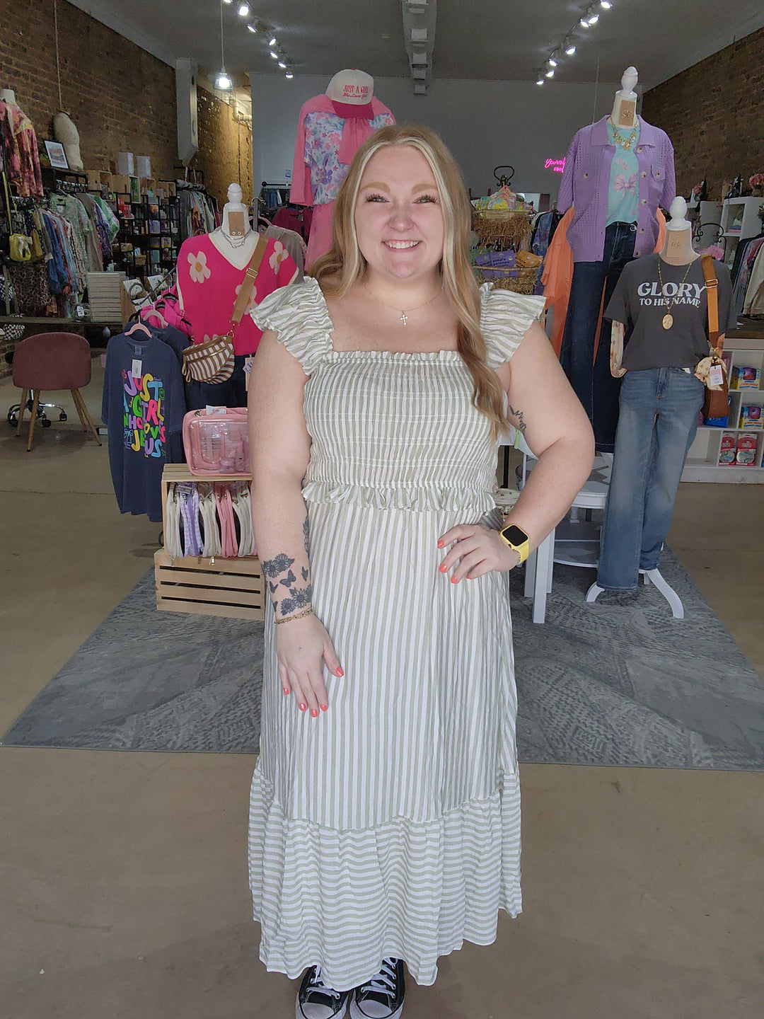 Stripe Smocked Midi Dress