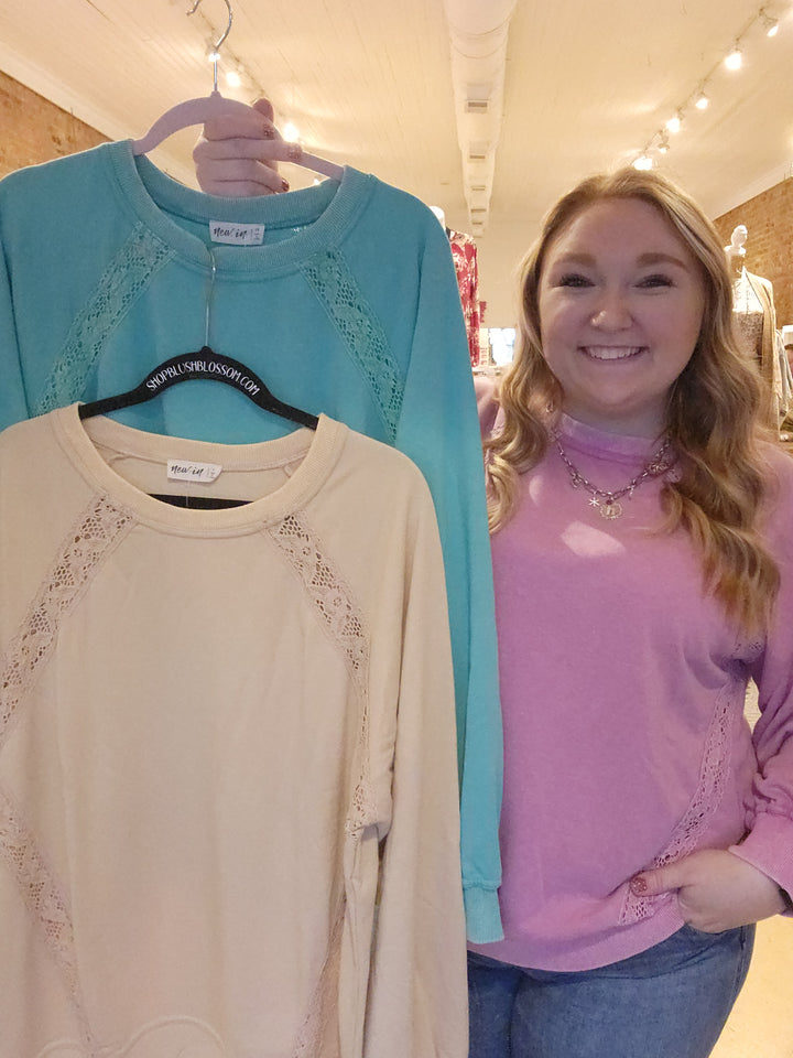S, 1X, 3X Raglan Lace Sweatshirt FINAL SALE