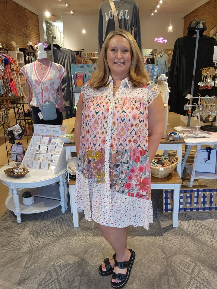 Mix Print Button Dress