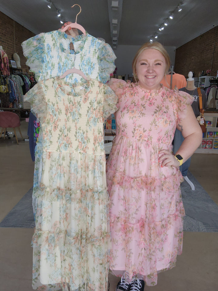 Floral Tulle Smocked Midi Dress