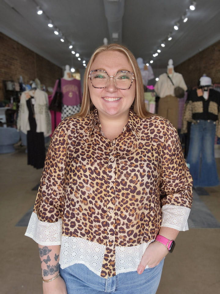 Eyelet Sleeve Leopard Button Down Top