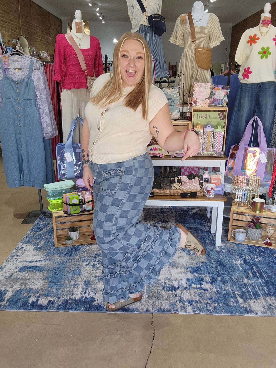 Washed Checkerboard Denim Ruffle Pants