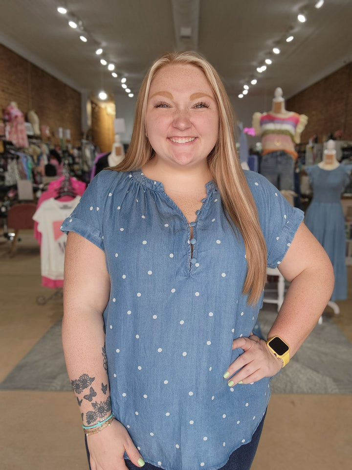 Polka Dot Chambray Short Sleeve Henley