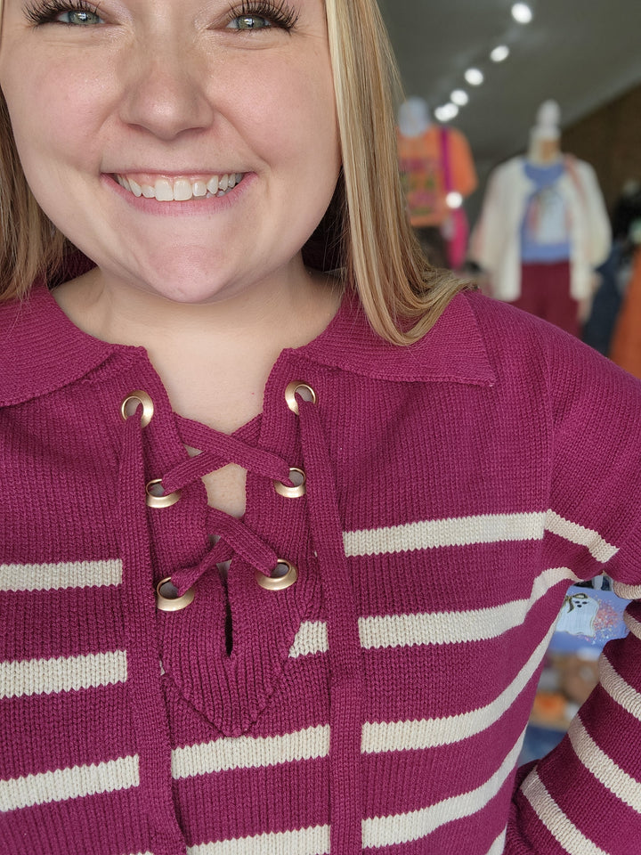 Berry Stripe Lace Up Collar Sweater