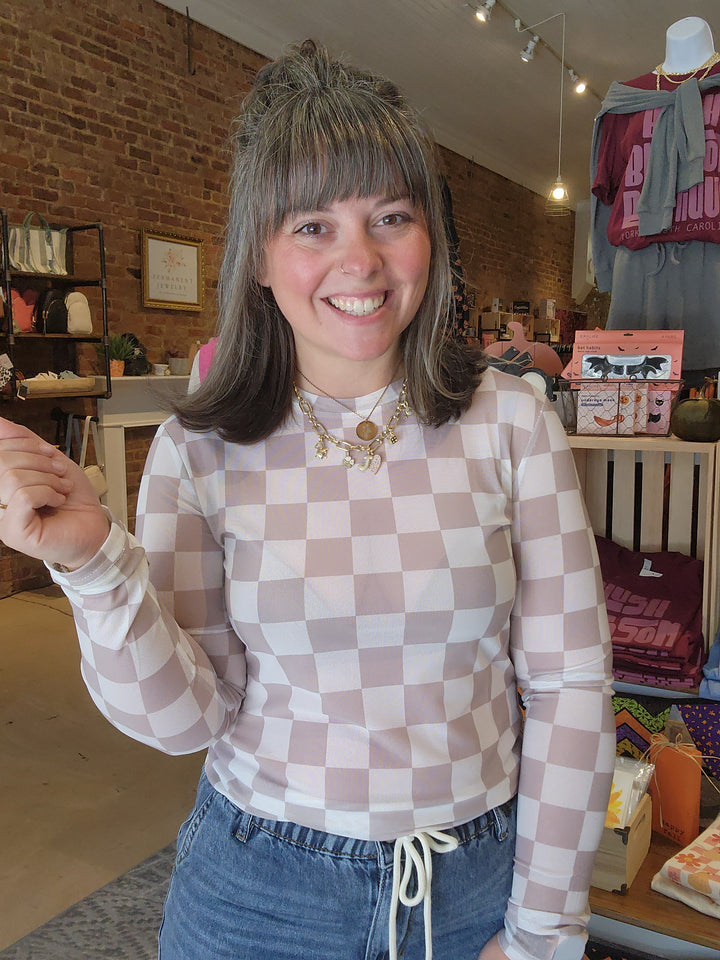 Tan Checkered Mesh Shirt