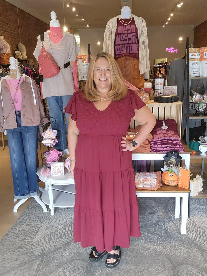 Wine V Neck Smocked Dress