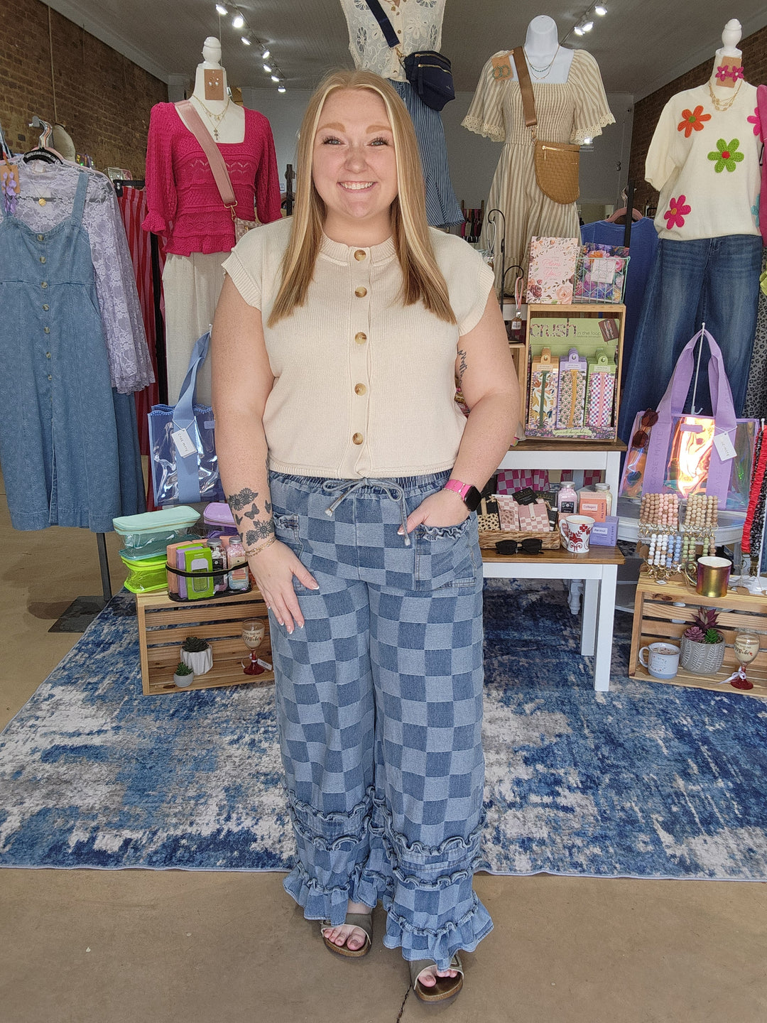 Washed Checkerboard Denim Ruffle Pants