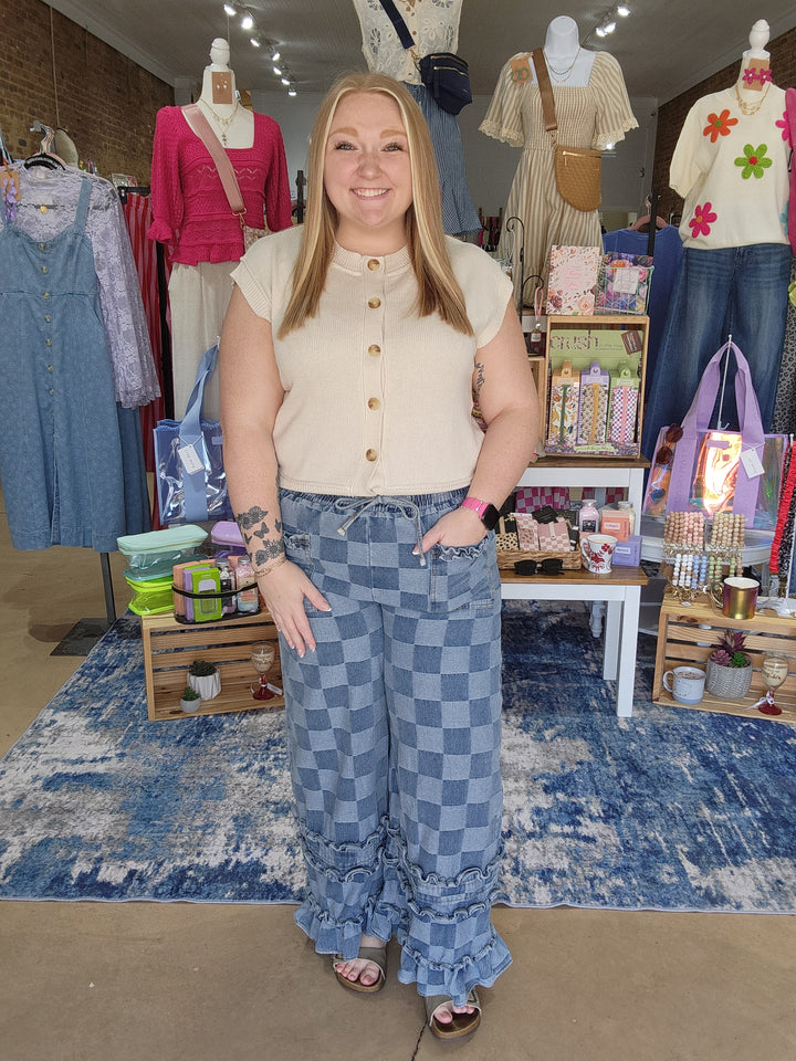 Washed Checkerboard Denim Ruffle Pants