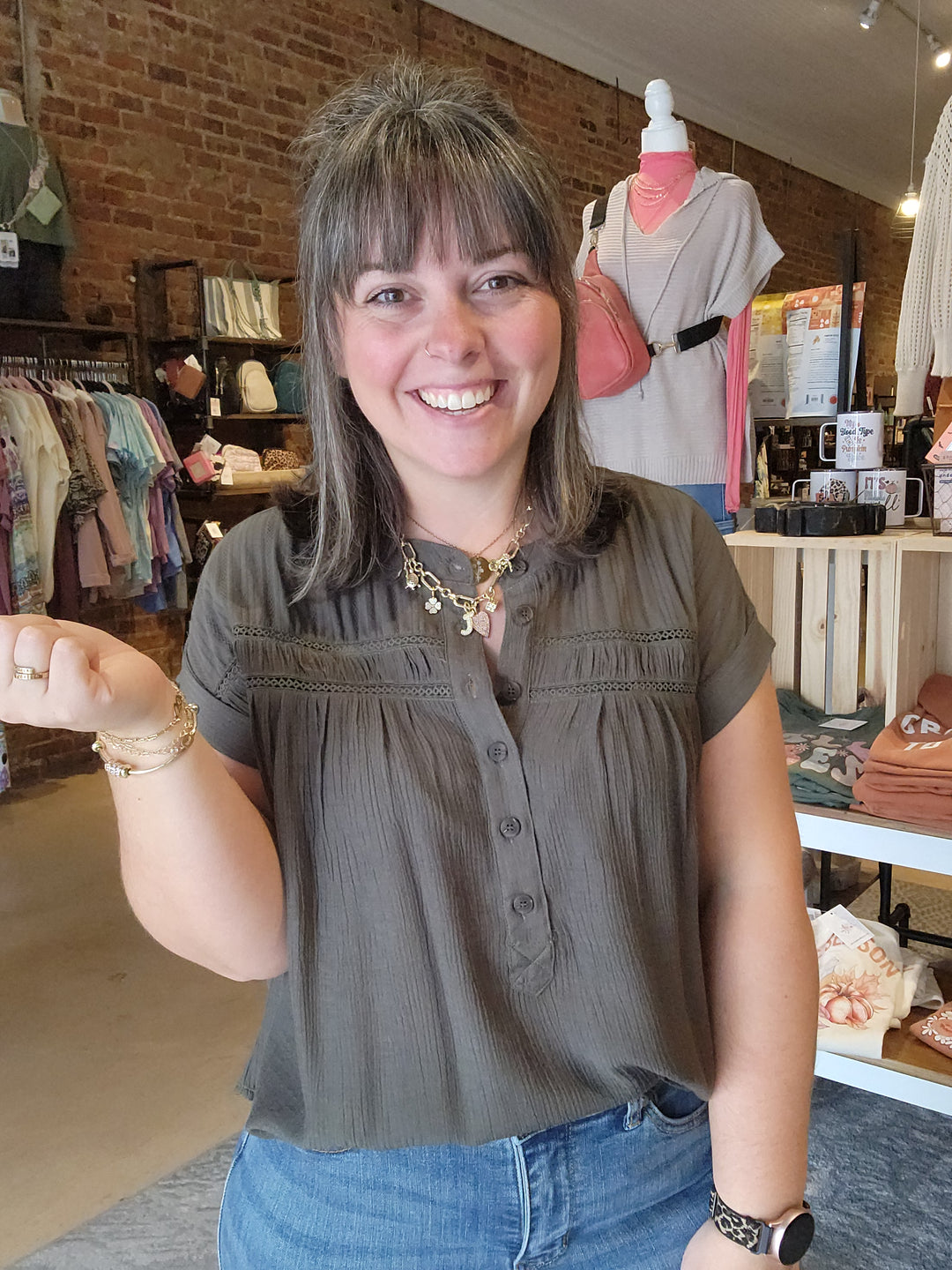 Eyelet Trim Half Button Top