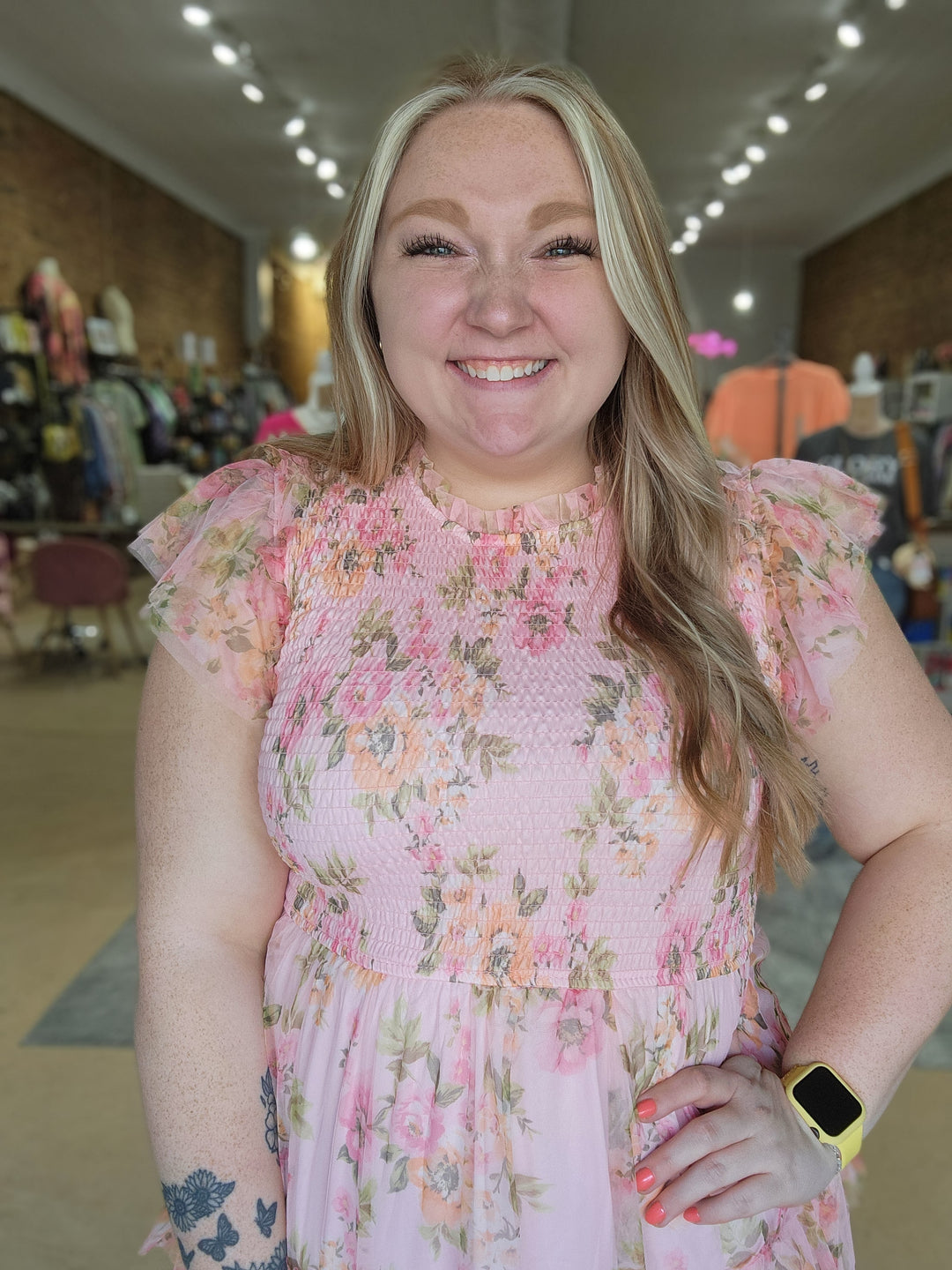 Floral Tulle Smocked Midi Dress
