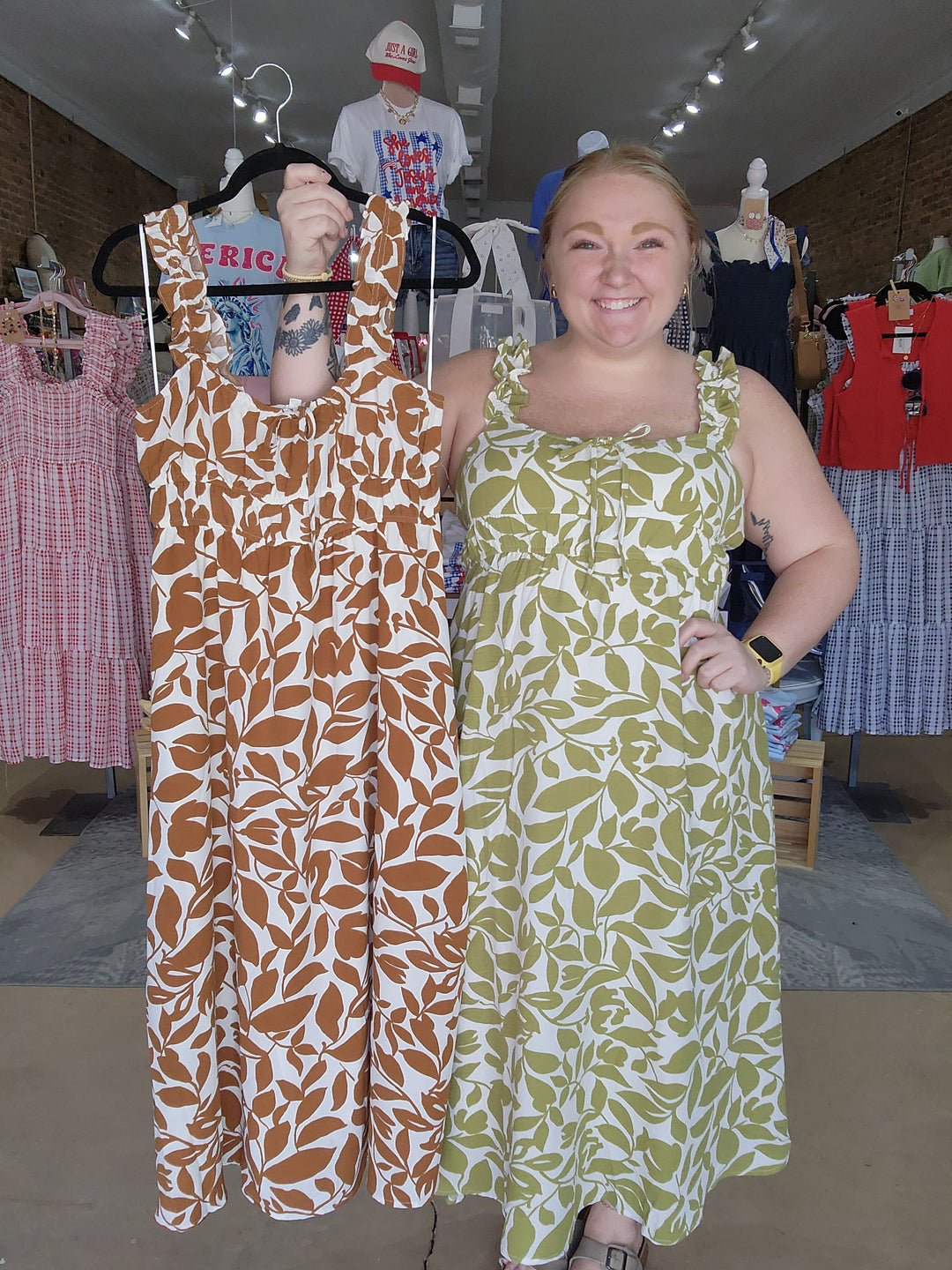 Leaf Print Ruffle Strap Midi Dress