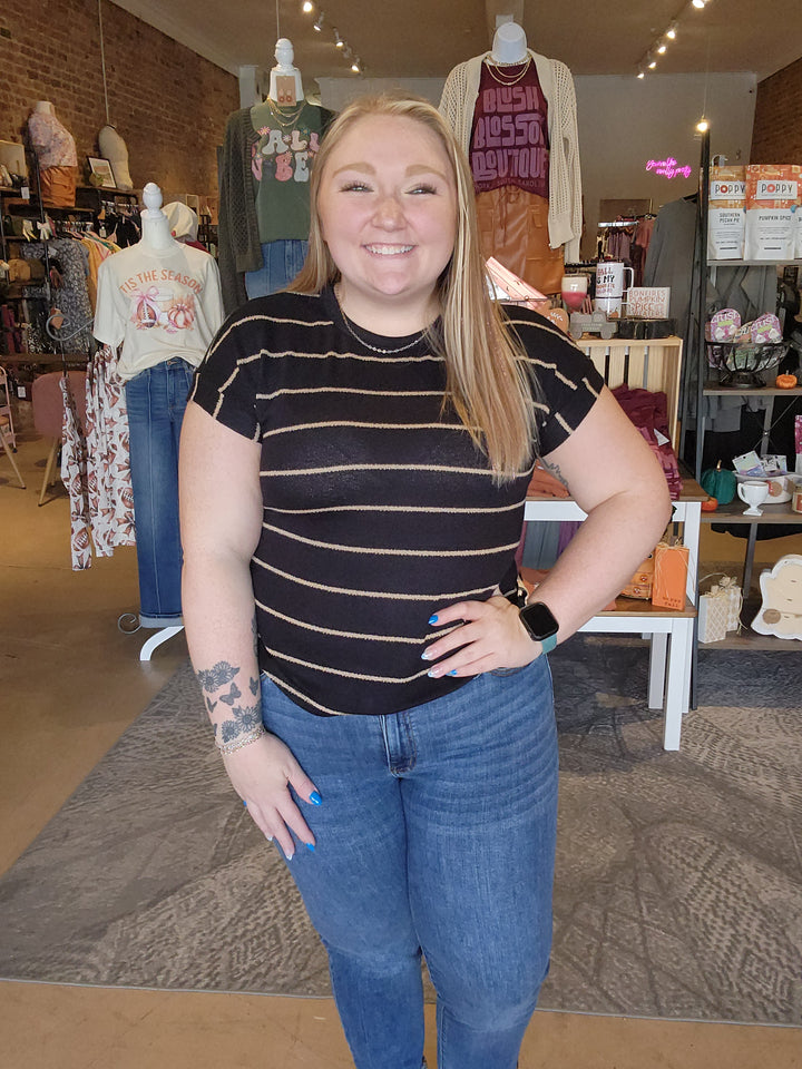 Round Neck Stripe Short Sleeve Knit Top