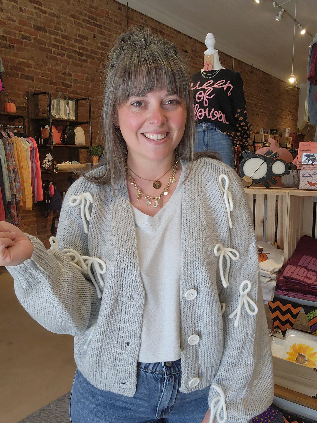 White Bow Button Sweater