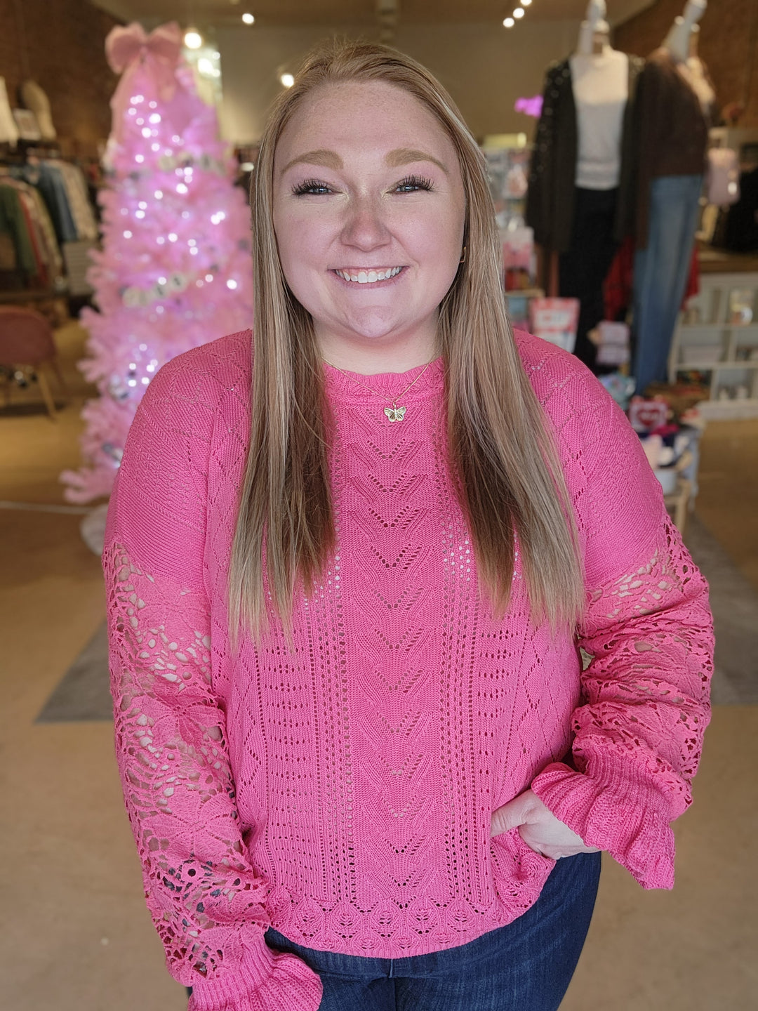 Pink Embroidered Lace Sleeve Sweater