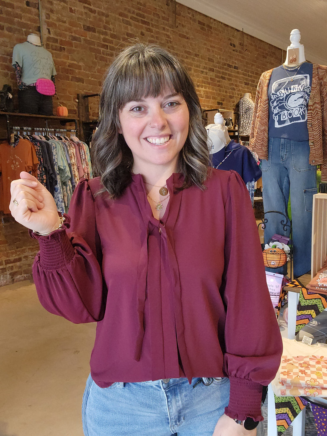 Tie Neck Front Pleat Blouse