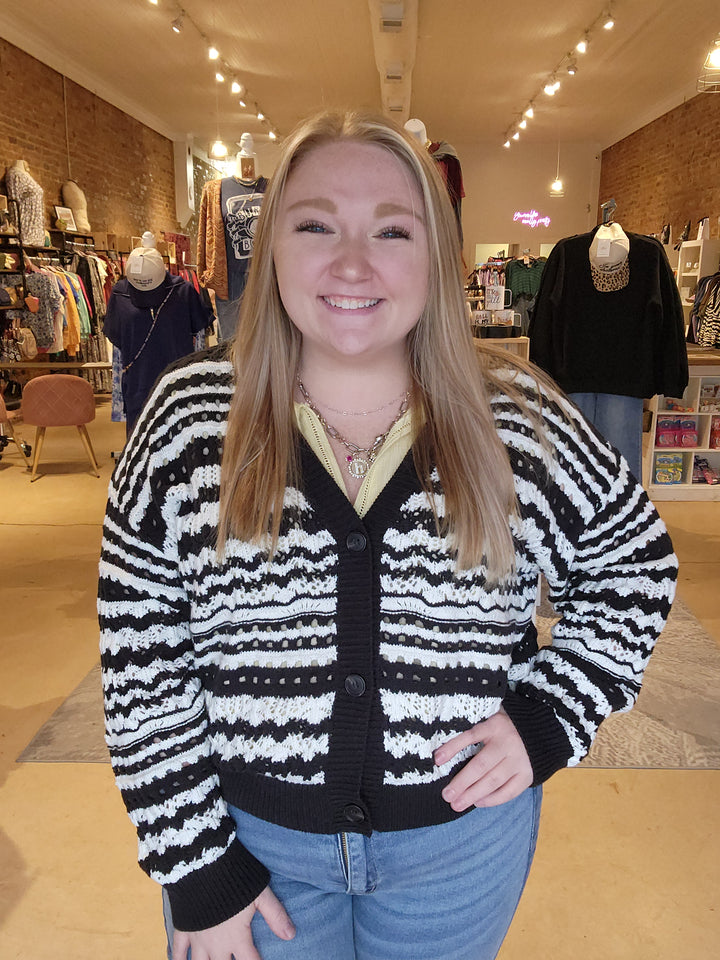 Black and White Crochet Button Cardigan