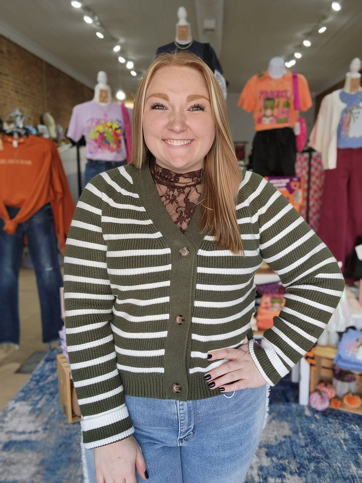 Olive & White Stripe Cardigan