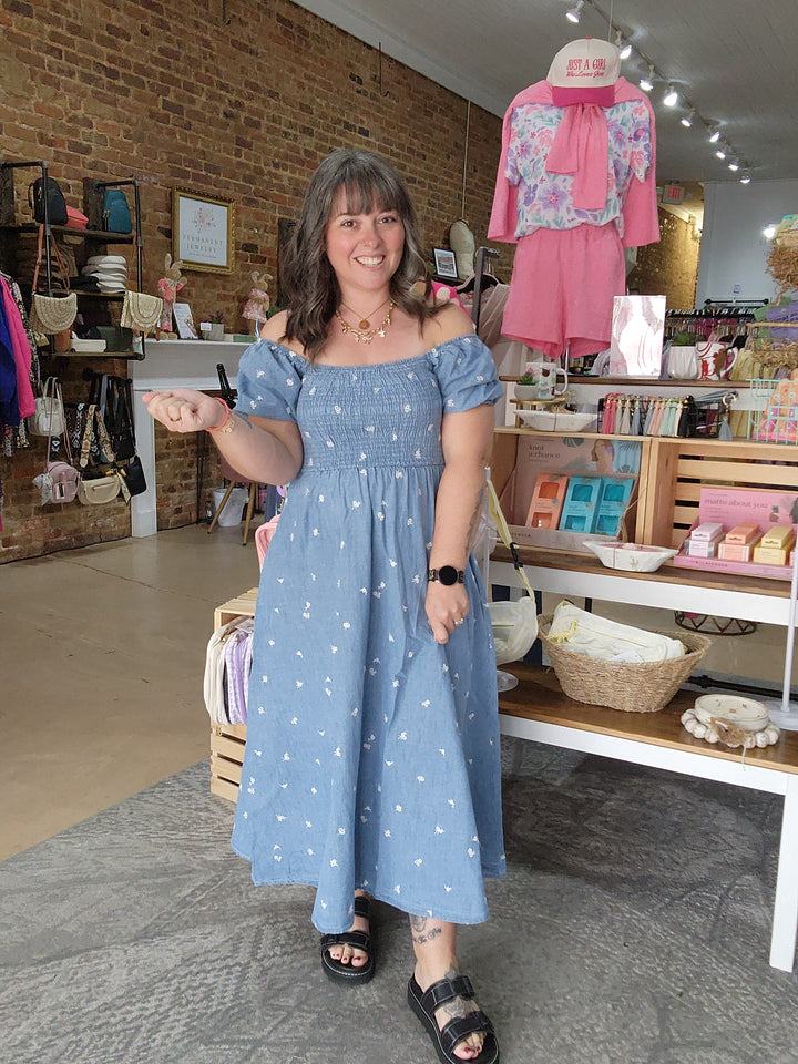 Embroidered Chambray Midi Dress