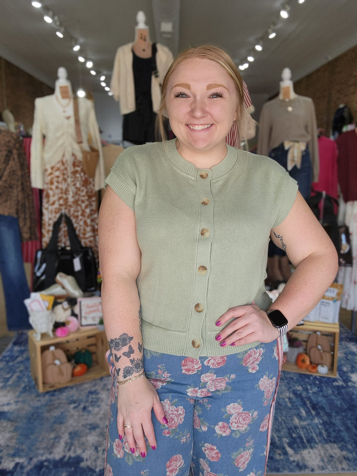 Sage Exposed Seam Short Sleeve Button Cardigan