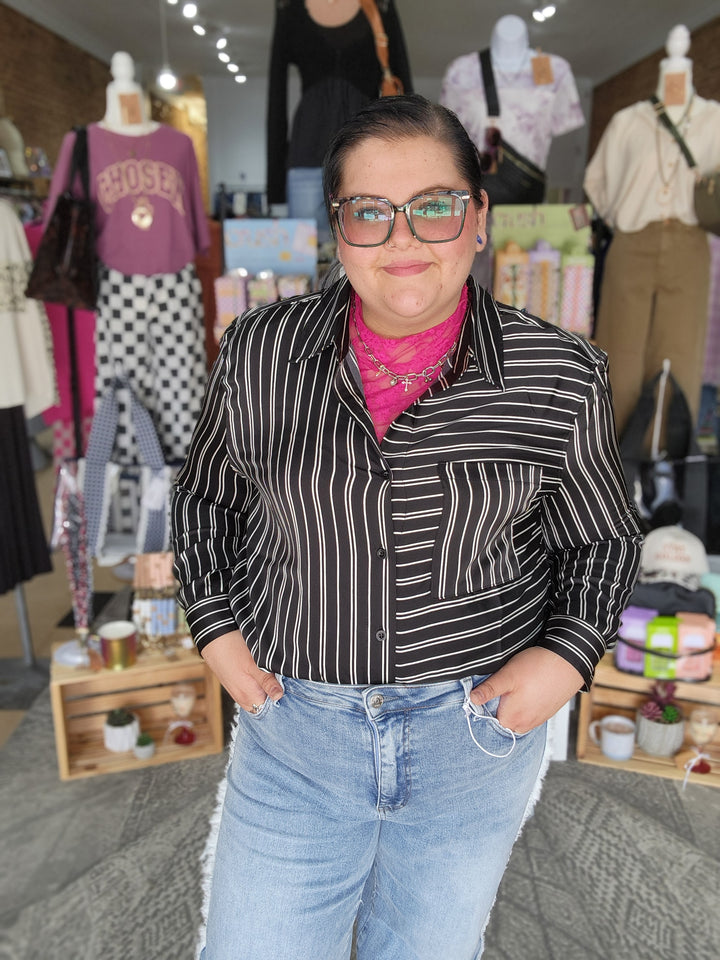 Black and White Stripe Button Down Tunic Top