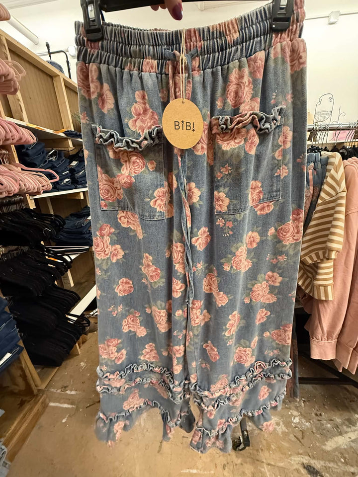Floral Denim Pants with Ruffle Hem