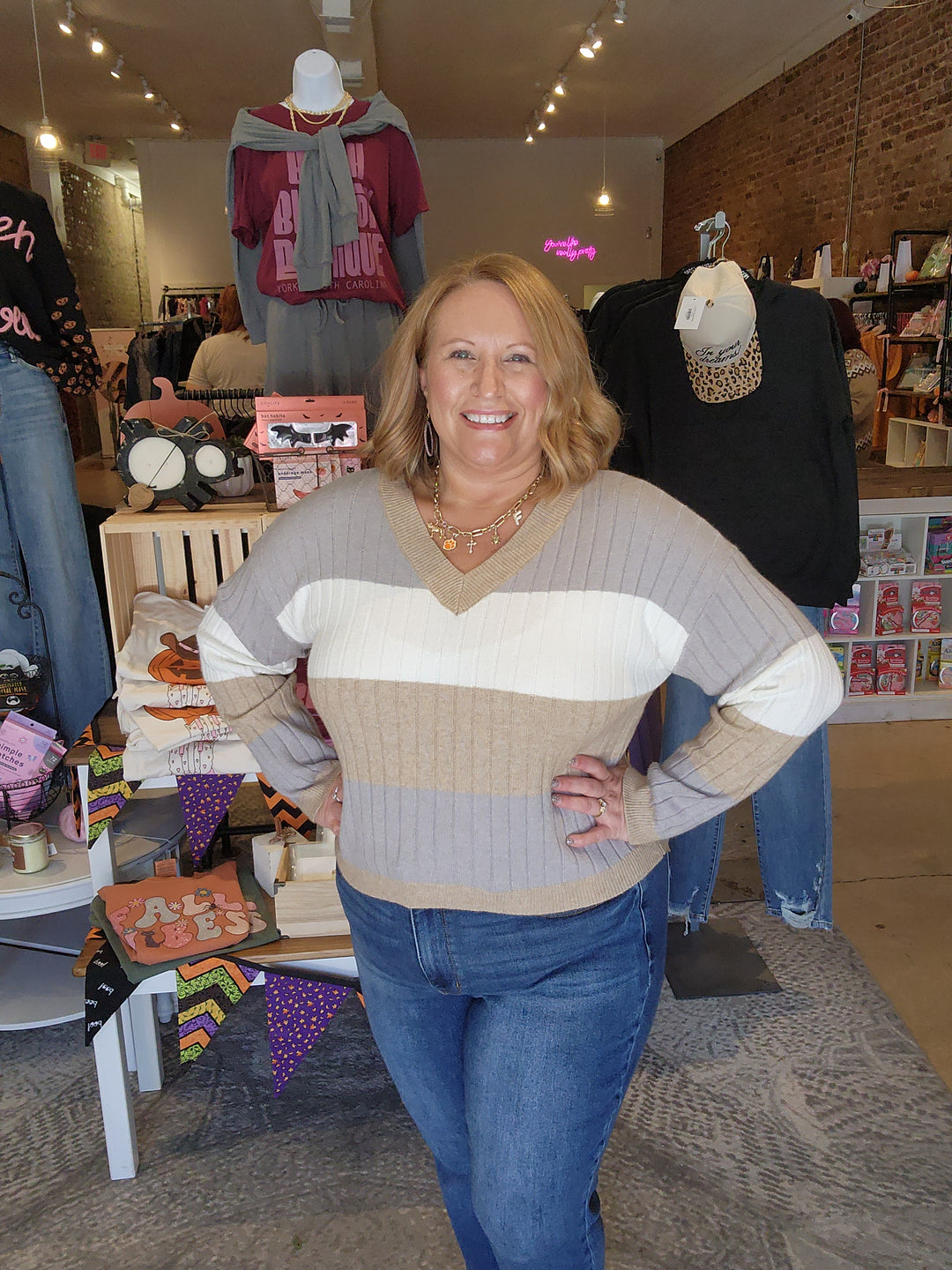 Neutral Striped Rib Knit Sweater