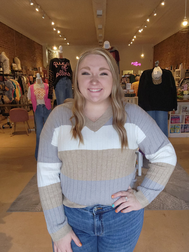 Neutral Striped Rib Knit Sweater