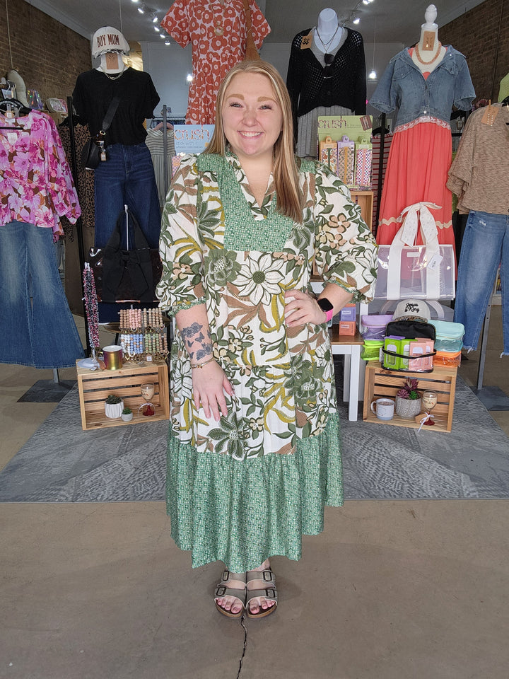 Mixed Print Tiered V-Neck Midi Dress
