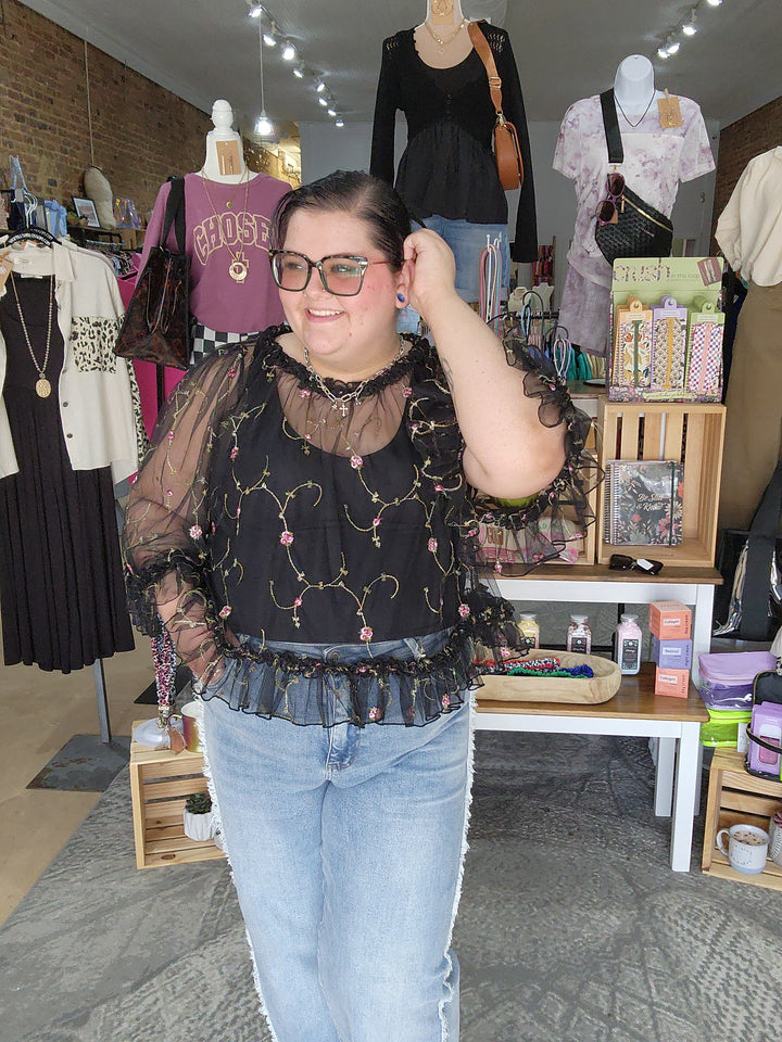 Floral Embroidered Tulle Top