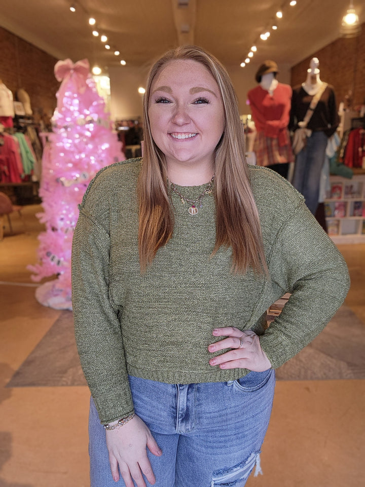 Exposed Seam Olive Knit Top