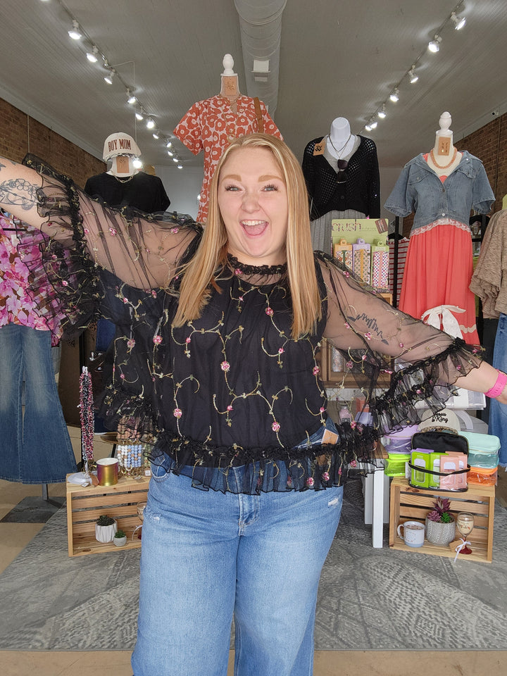 Floral Embroidered Tulle Top