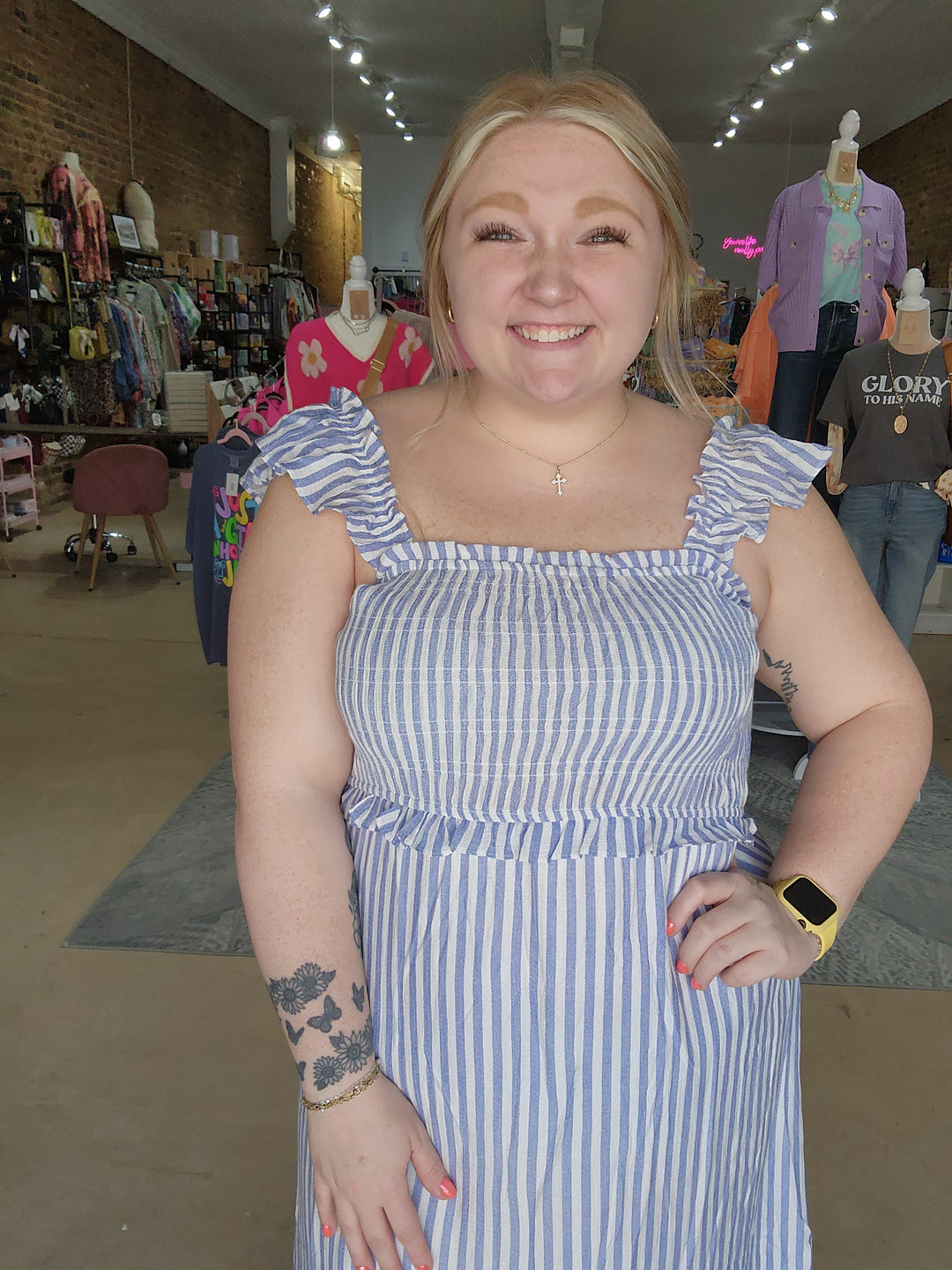 Stripe Smocked Midi Dress