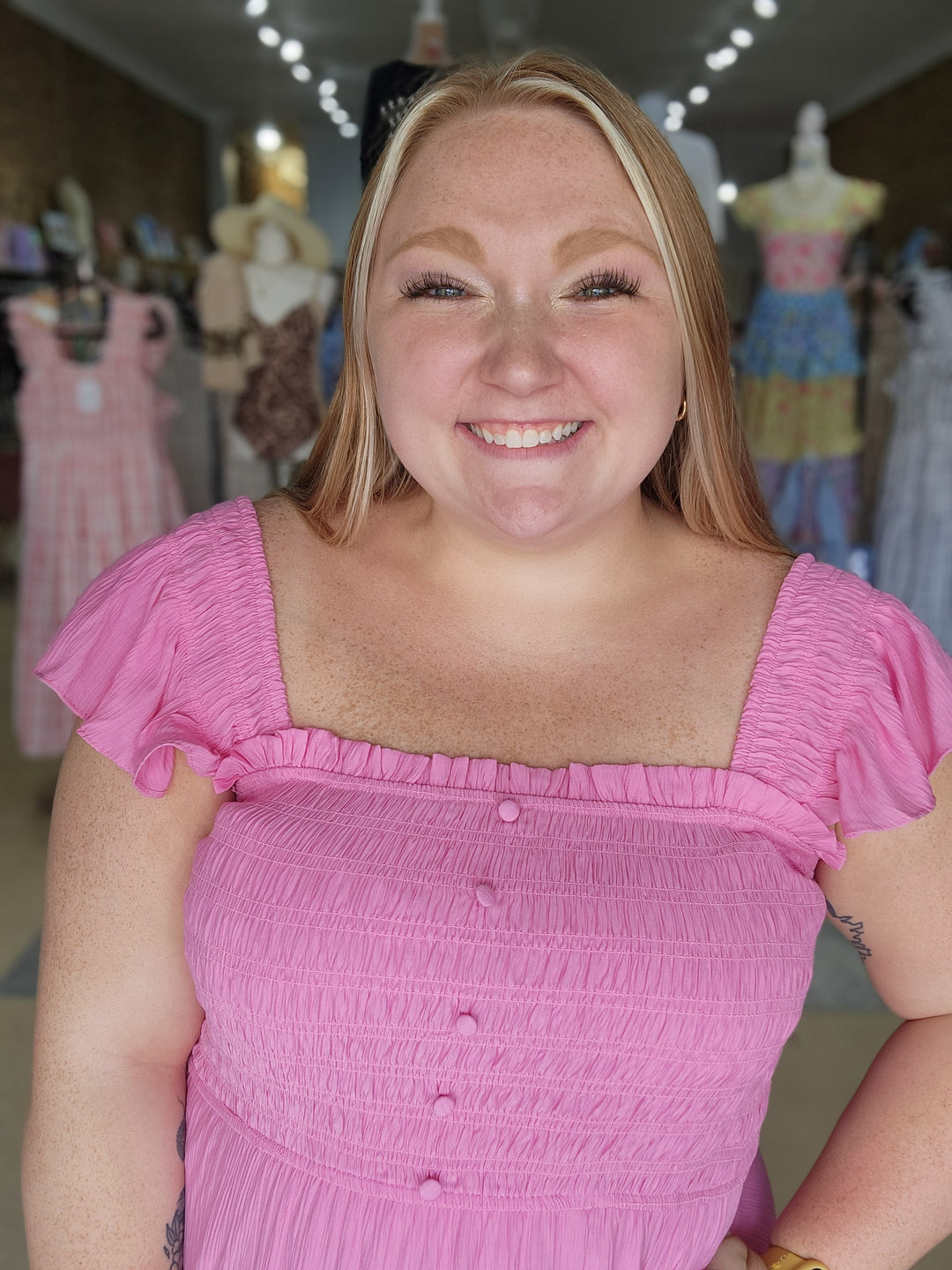 Mock Button Smocked Midi Dress