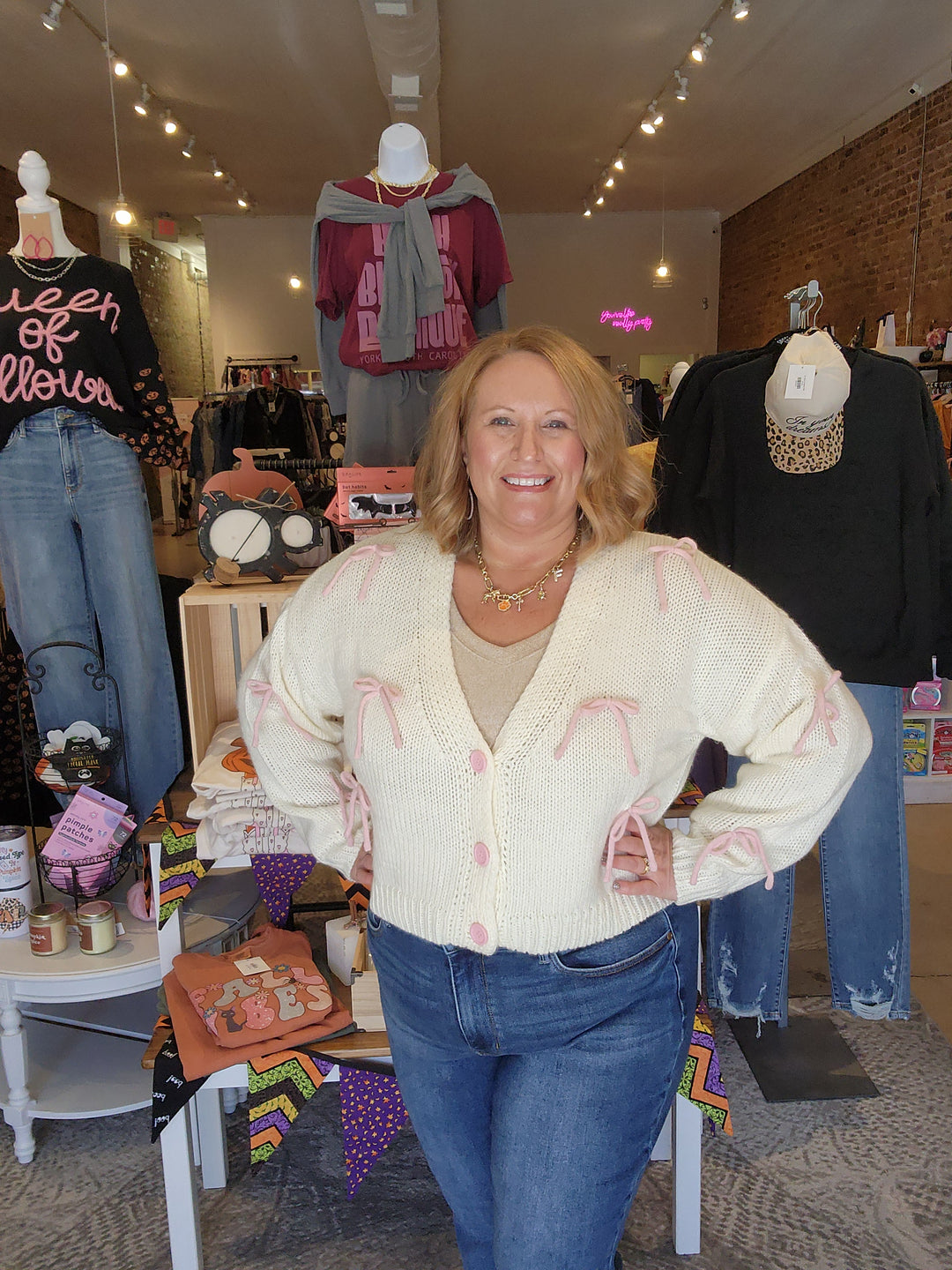 Pink Bow Button Sweater