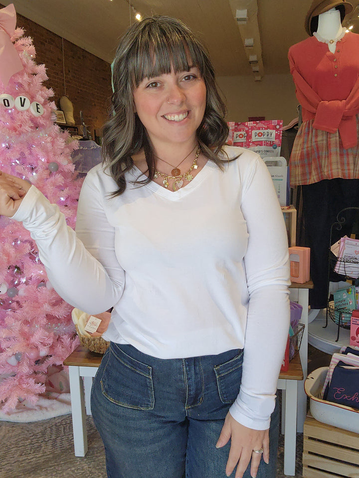 White V Neck Long Sleeve