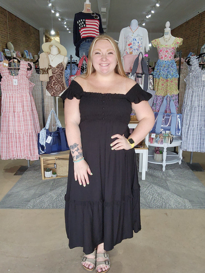 Mock Button Smocked Midi Dress
