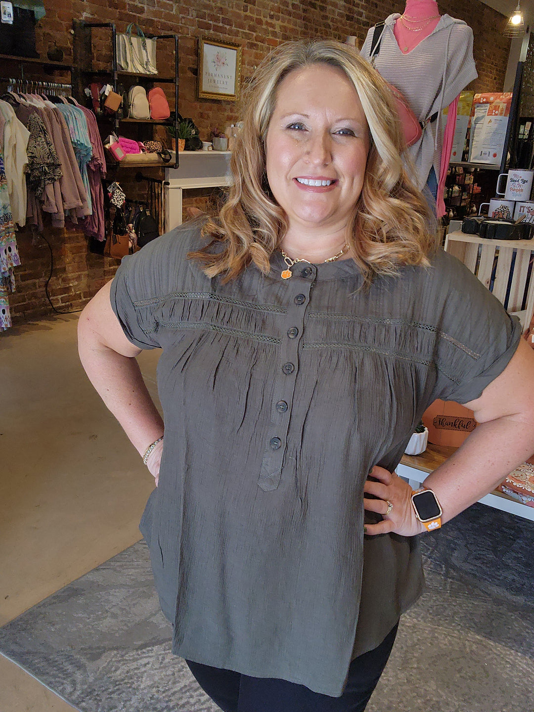 Eyelet Trim Half Button Top