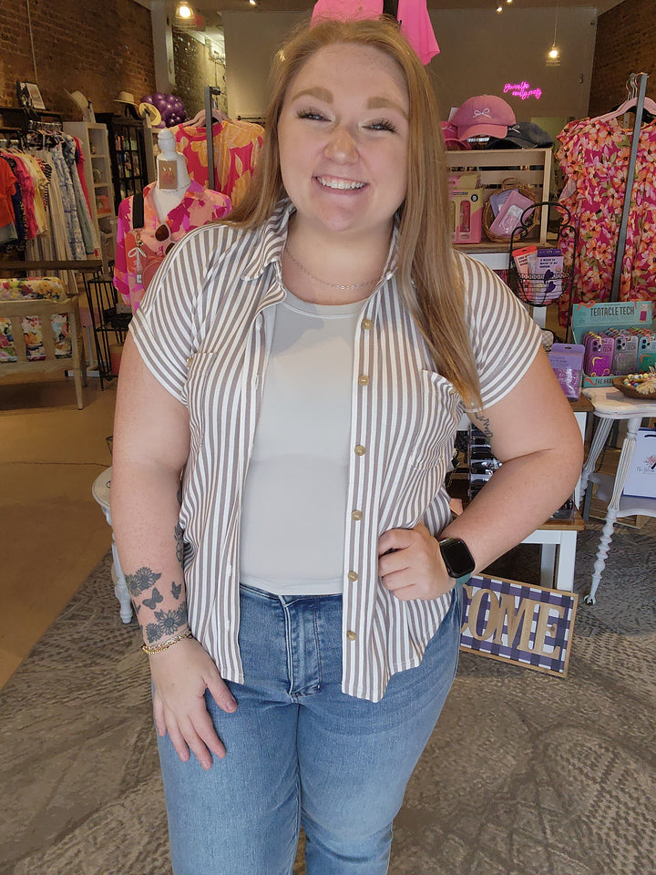 Stripped Button Down Cap Sleeve Tee