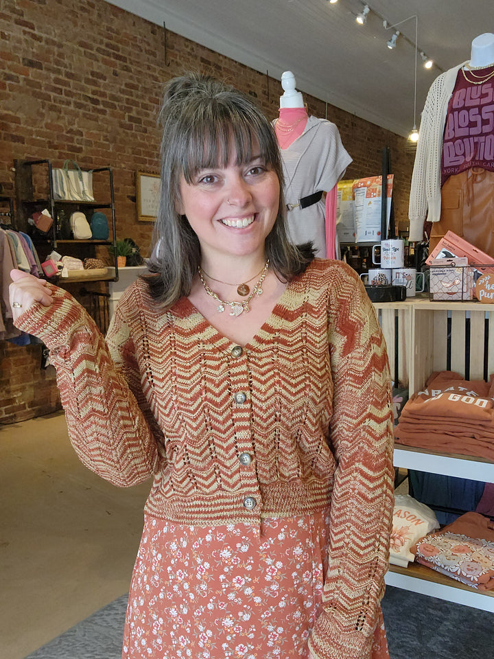 Rust Open Weave Button Cardigan