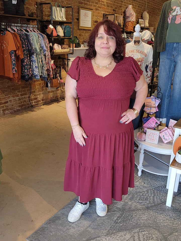Wine V Neck Smocked Dress