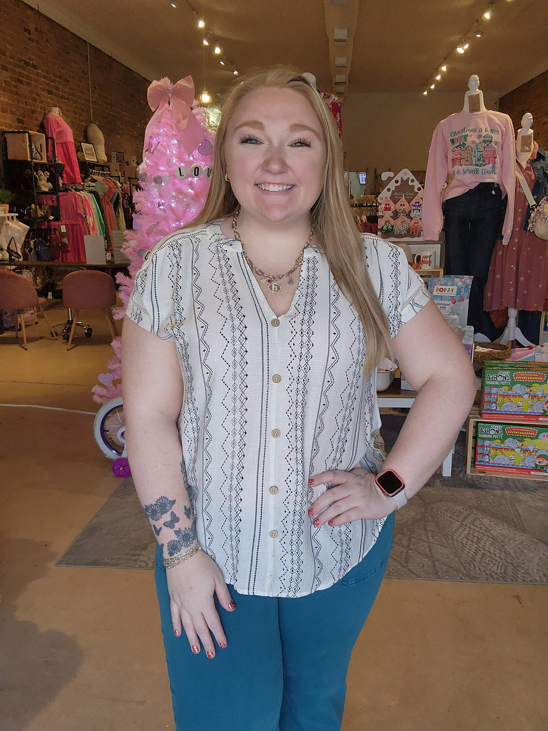 Geo Print Faux Button Top