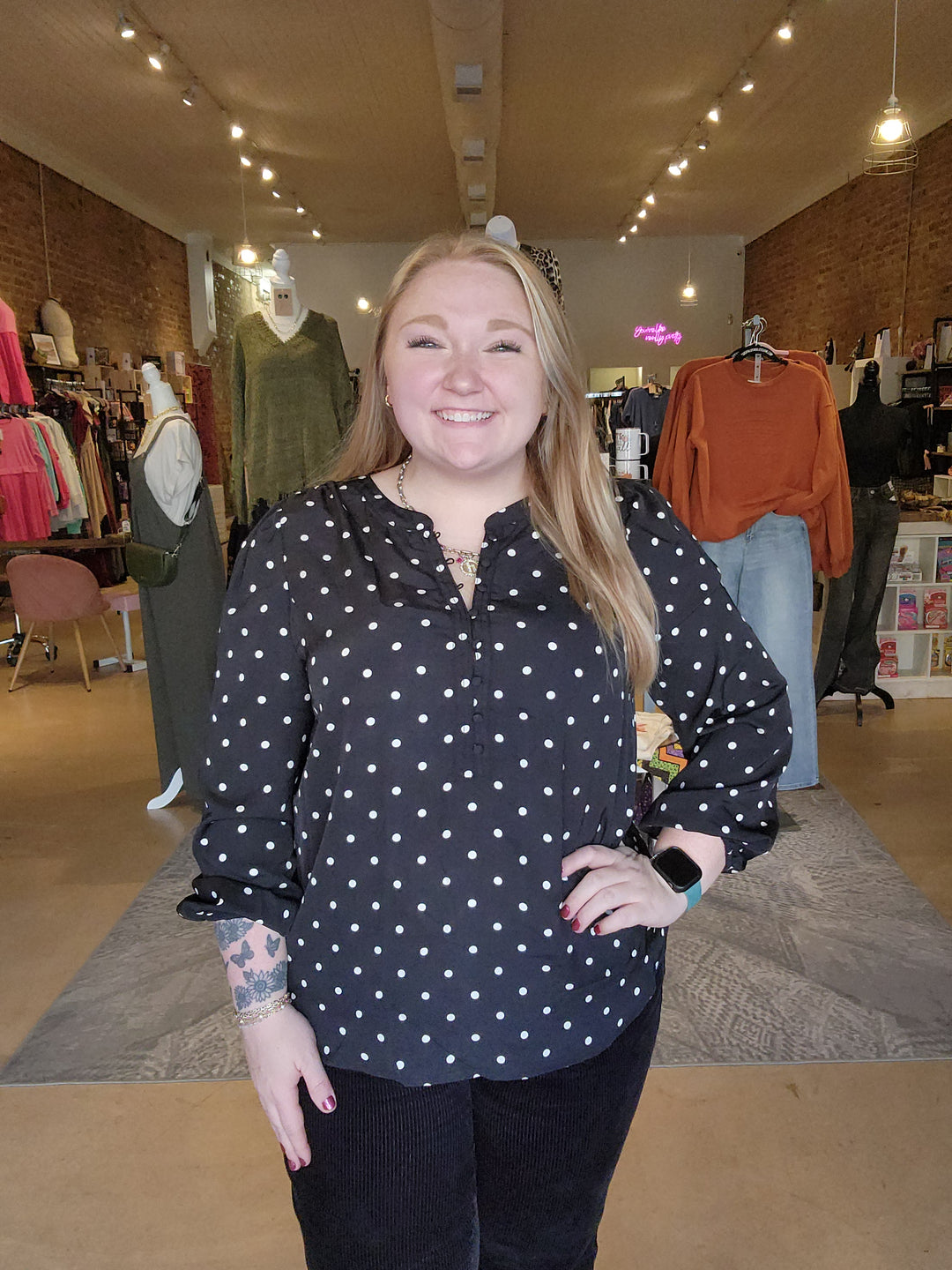 Plus Polka Dot Henley Blouse