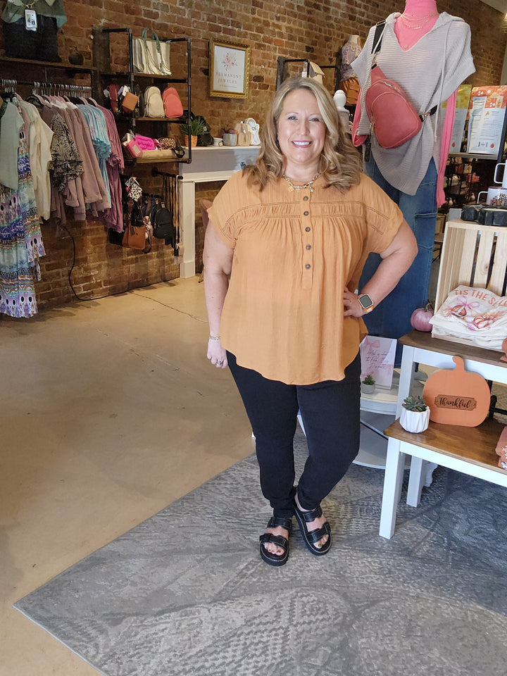 Eyelet Trim Half Button Top